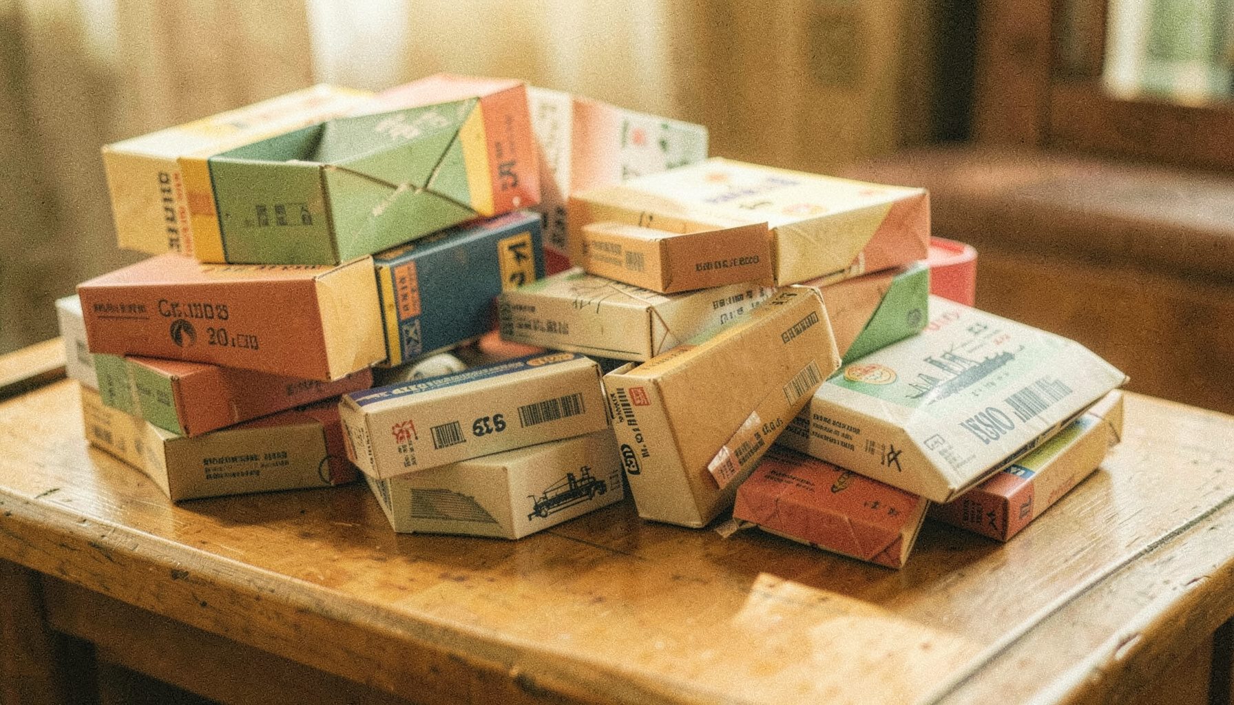 A warm analog film photograph of colorful international shipping parcels and small packages stacked on a sunlit wooden table, with soft grain and muted golden tones.