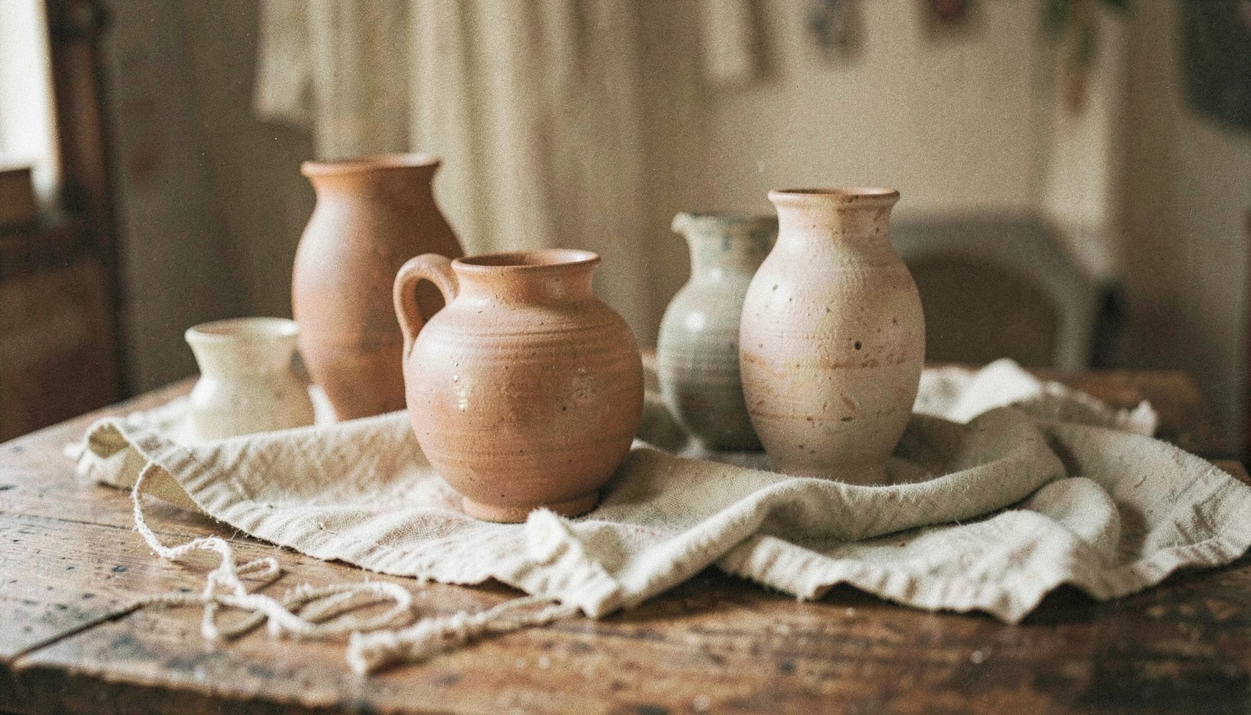 A warm, softly lit still life of handcrafted ceramic vases and textured linen fabric in muted earth tones — cream, terracotta, and sage — arranged on a weathered wooden tabletop, evoking a cozy artisan home.